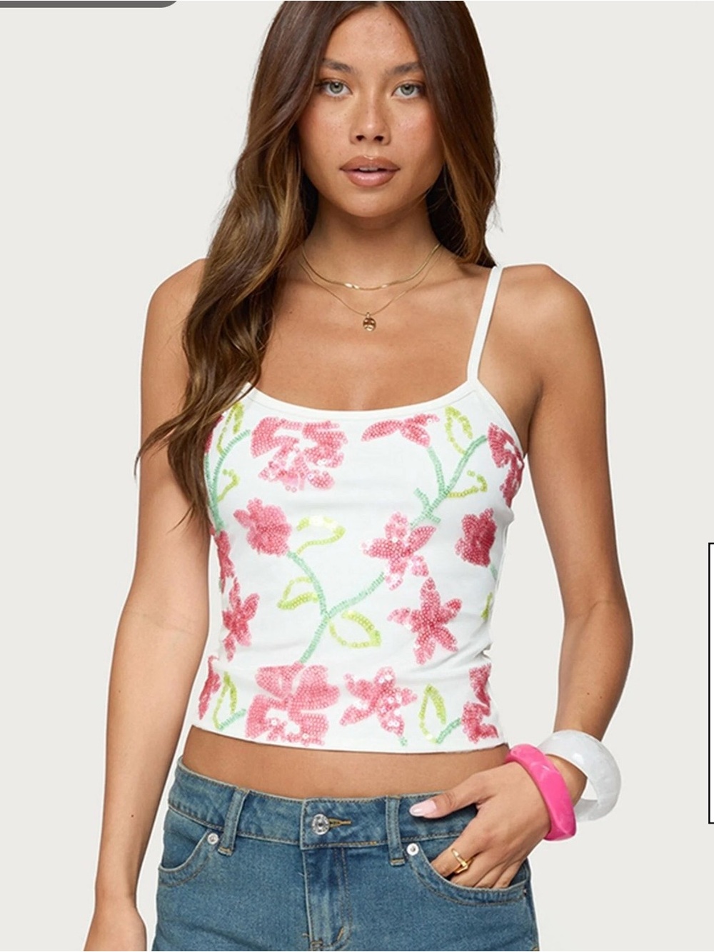 Edikted White Floral Sequin Cami Tank Top